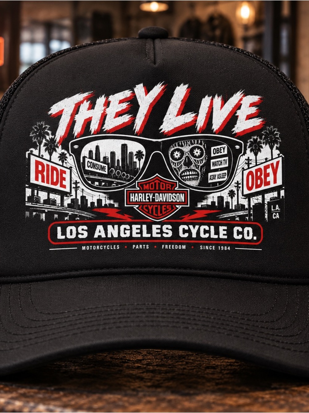 Harley-Davidson Black and Red 'They Live' Trucker Cap - Los Angeles Cycle Co.
